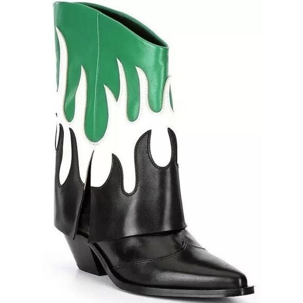 Gianni Bini Conley Flame Leather Western Foldover Boots Black Green Womens 5.5 - Picture 1 of 9